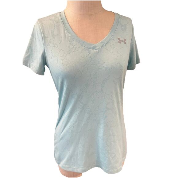 Under Armour Heat Gear Shirt Womens Small Light Blue Short Sleeve V Neck - Picture 1 of 10